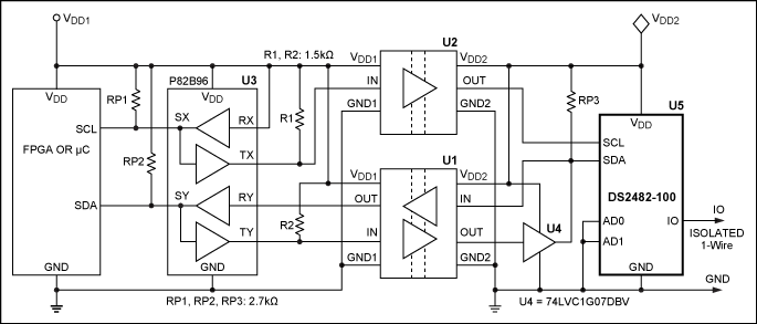 Figure 4. An isolated 1-Wire master circuit with an I²C protocol converter.