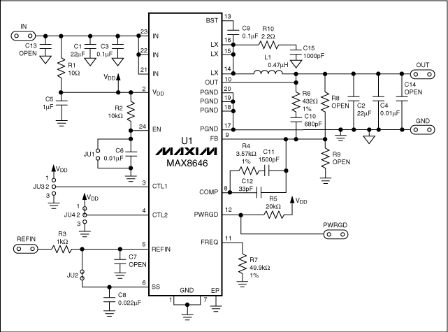 图1. 本图显示了降压型开关稳压器MAX8646评估板的电路。