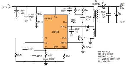 Figure 5. Schematic for the converter pictured in Figure 2. This converter takes an 18V-to-90V input and produces a 2.5A output at 12V.