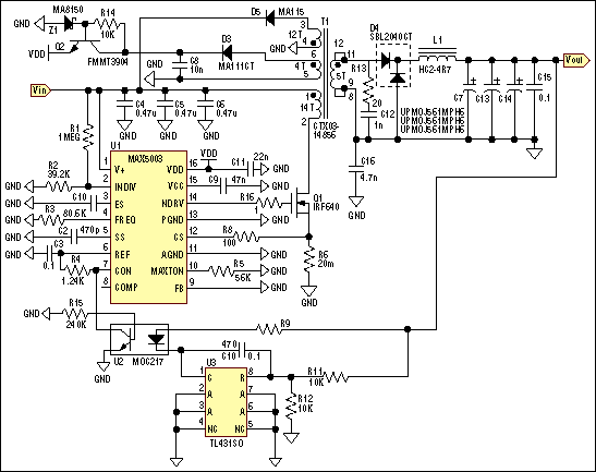 图1. 输入约为48V、输出为5V/10A的隔离电源原理图。