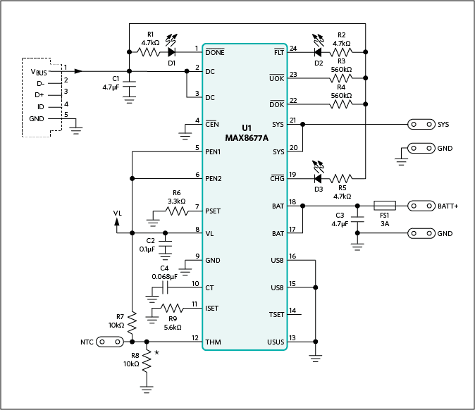 Figure 4. The complete charger circuit consists mainly of the MAX8677A and a mini USB connector.