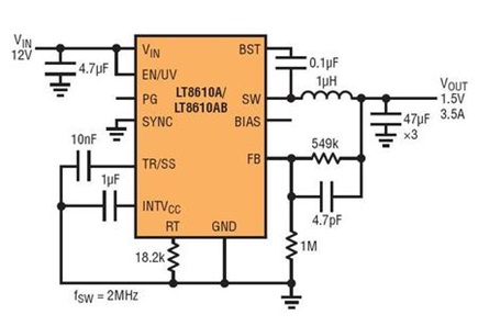 Figure 6. Similar 12V to 1.5V application as in Figure 2, but the operating frequency of the LT8610A and LT8610AB is increased to 2MHz for reduced inductor value and size.