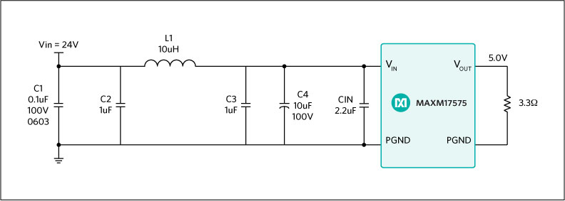 MAXM17575 EV kit EMI filter configuration for conducted EMI test.