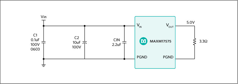 MAXM17575 EV kit EMI filter configuration for radiated EMI test.