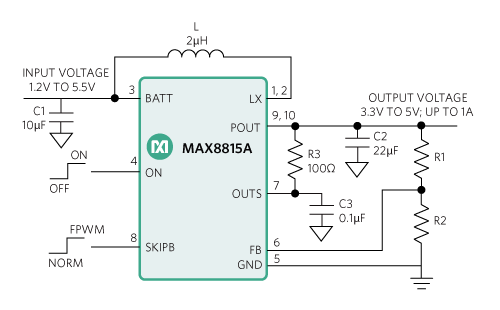 Figure 6. Application diagram of a high-efficiency, low-quiescent-current boost converter.