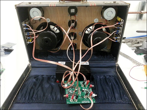 Figure 3. I used 12-gauge speaker wire (overkill, I know) and banana jacks to connect the speakers to the board. I also glued the crossovers to the suitcase walls