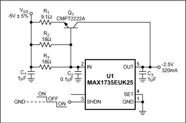 Figure 1. A pass transistor and associated resistors boosts load current in this negative linear regulator by 60%.