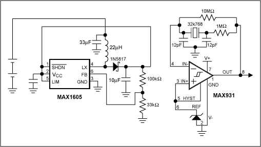 Figure 1. The boost converter operates in its bootstrapped mode, which increases its efficiency. A low-power comparator reduces the current consumption of the 32kHz oscillator used to clock the microprocessor.