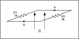 Figure 1. If a time-varying magnetic field H induces a constant current in the loop, what is the voltage between nodes A and B?