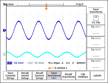 Figure 4. The amplitude of the top trace (measured across R2 in Figure 3) is about three times larger and of opposite polarity to that of the bottom trace (measured across R1).