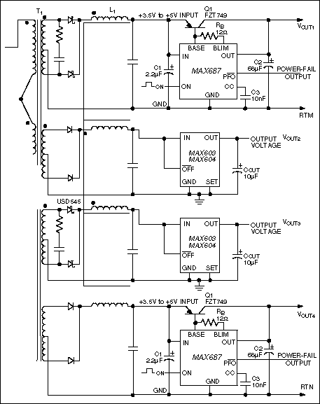 Figure 3. In this multiple-output supply, each secondary includes coupled inductors and a post-linear-regulator IC.