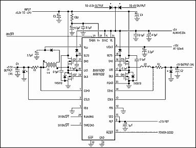 Figure 6. This step-down-controller IC provides dual outputs with synchronous rectification.