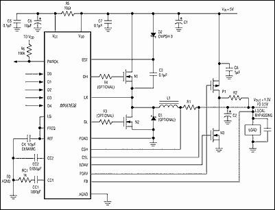 Figure 12. This step-down controller provides synchronous rectification with a digitally adjustable output voltage.