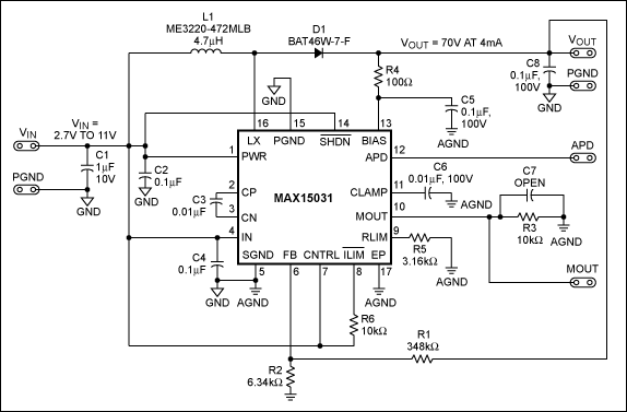 图1. MAX15031升压转换器原理图，FSW = 400kHz (固定)