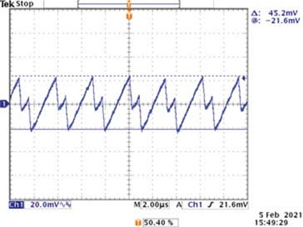 Figure 9. Oscilloscope screen capture of a MAX77642 SBB2 (5.0 V) ripple waveform (VIN = 4.2 V, IOUT = 100 mA).