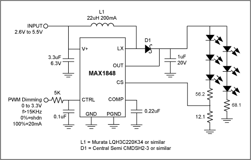 Figure 1. The MAX1848 can power six white LEDs (two legs of three series-connected LEDs) with higher efficiency than competing 30V boost converters.