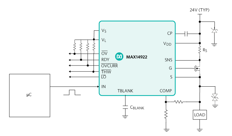 Figure 3. MAX14922 high side switch controller with current limiting.