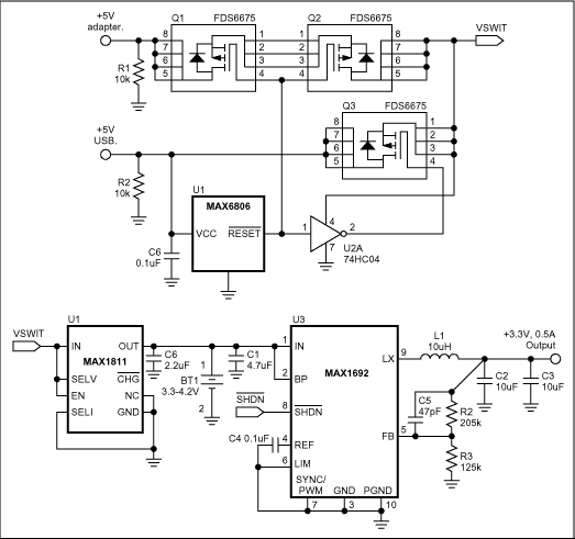 Figure 2. To retain the advantage of seamless switching while eliminating the possibility of connecting both supplies at once, substitute a MOSFET for the diode in Figure 1 and add a voltage detector (U1) and inverter (U2). The resulting circuit allows the designer to set a precise switchover point.