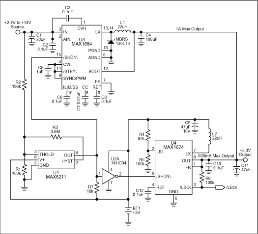 Figure 3. The use of stepup and stepdown converters (U3 and U4) enables this circuit to maintain all the advantages of Figure 2 while operating at a higher level of efficiency.