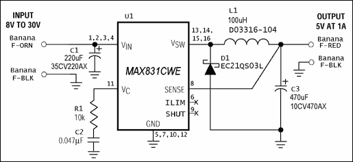 Figure 1. This DC-DC converter circuit is used to illustrate SMT prototyping technique.