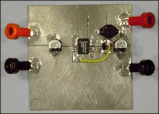 Figure 5. The finished SMT prototype circuit board, a working version of the Figure 1 schematic.