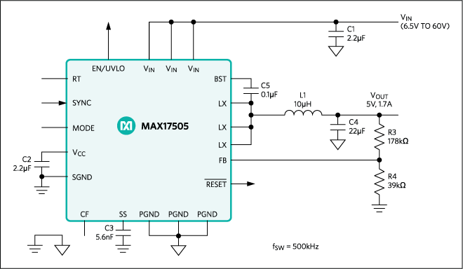 Figure 6. The MAX17505 high-efficiency, high-voltage, synchronously rectified step-down converter has dual integrated MOSFETs, operates over a 4.5V to 60V input, and delivers up to 1.7A and 0.9V to 90% VIN output voltage.