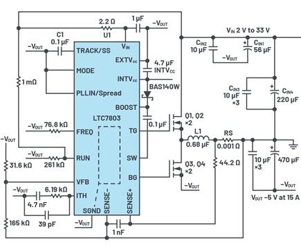 Electrical schematic of an inverting buck-boost converter