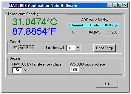 Figure 4. The reference design's software measures the temperature from the EV kit and voltage from the MAX6603