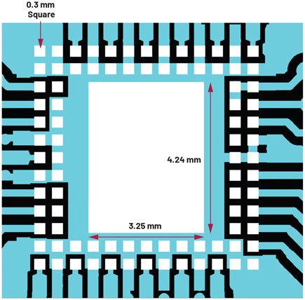 Figure 8. ADAR1000 PCB recommended footprint with 0.3 mm × 0.3 mm pads highlighted in white. The rest of the layer 1 metal is shown in aqua.