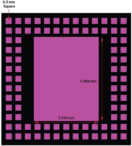 Figure 9. ADAR1000 solder mask with 0.3 mm × 0.3 mm pad openings and 3.378 mm × 4.369 mm ground paddle opening.