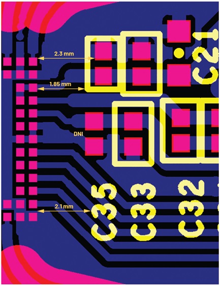 Figure 12. ADAR1000 PCB keep-out regions; silkscreen features are at a minimum of 1.85 mm from DUT pads; the nearest populated component is 2.3 mm from DUT pads.