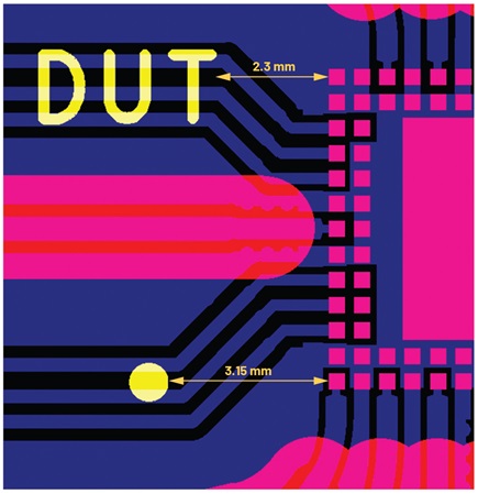 Figure 13. ADAR1000 PCB keep-out regions; silkscreen features are at a minimum of 1.85 mm from DUT pads.