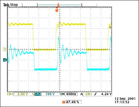 Figure 3A. Voltage at the D2 rectifier cathode without a snubber. (CH1= Voltage waveform at EXT/pin 8 of MAX1856; CH2= cathode of rectifier D2).