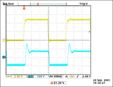 Figure 3B. Voltage at the D2 rectifier cathode with a snubber (R5=150Ω; C10=330 pF). (CH1= Voltage waveform at EXT/pin 8 of MAX1856; CH2= cathode of rectifier D2).