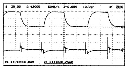 Figure 4. Input voltage and current ripple for standard inverter circuit: CIN = C<sub>PUMP</sub> = COUT = 100µF, RLOAD = 51ohm, VIN = +5.73V, and VOUT = -5.06V. Input current ripple (upper trace): 100mA/div. Input voltage ripple (lower trace): 200mV/div, AC coupled.