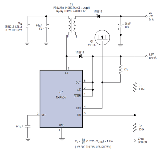 图1. 此电路产生一个稳定的VCC (3.3V或5V)和一个稳定的负LCD偏置电压(此例中为-8V)