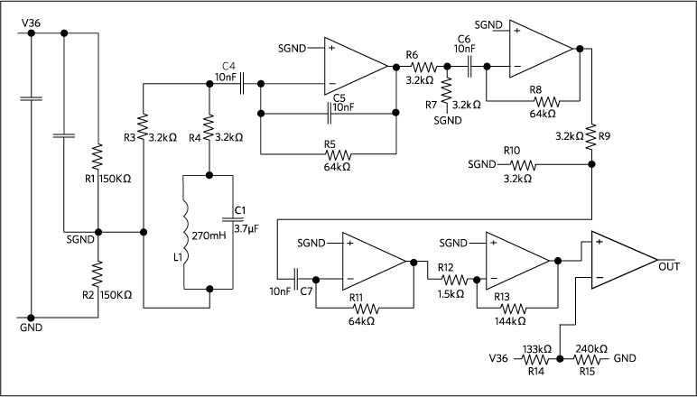 Figure 3. Schematic for the heart-rate monitor sensor. The inductor-capacitor pair is tuned to pick up 5kHz signals, which the op amps amplify and filter. I used MAX4483's in my prototype circuit.