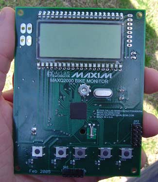 Figure 4. The bike monitor board. The backside has a 1-Wire can holder for the DS1923, a battery holder for three AA batteries, and connection pins to run to the DS2423 circuit.