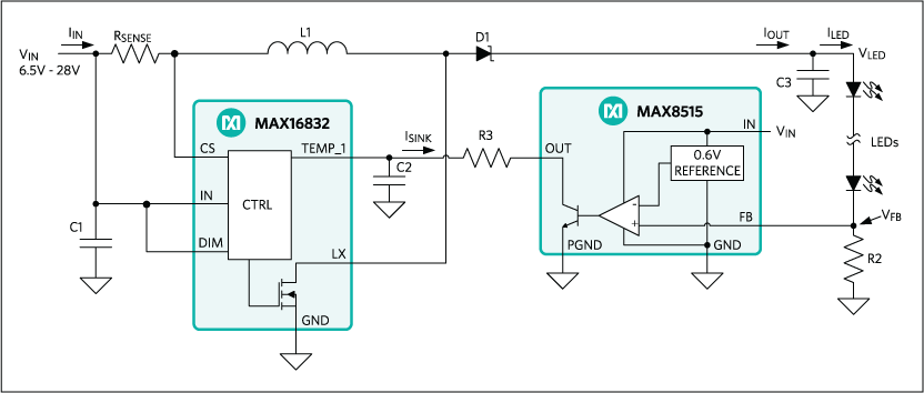 An additional circuit based on the MAX8515 shunt regulator can be used to improve LED current regulation, if needed.