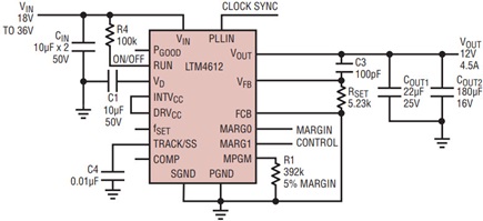 A few capacitors and resistors complete an 18V–36V input, 12V/4.5A output design