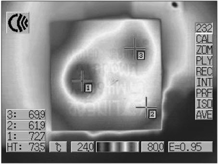 Thermal image of an LTM4606 with 24V input and 3.3V output at 6A