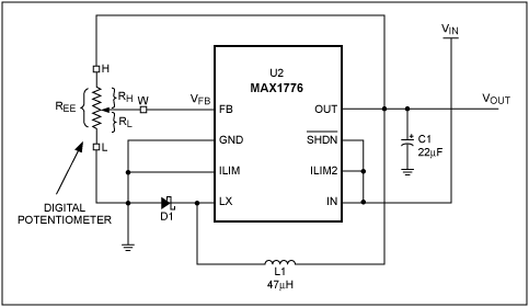 Figure 1. Using a digital potentiometer in the feedback loop with a MAX1776.