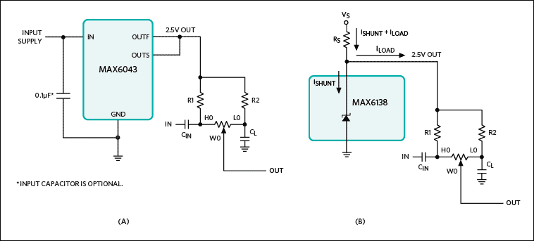 Figure 6. VCC/2 bias provided by series (A) and shunt (B) voltage references