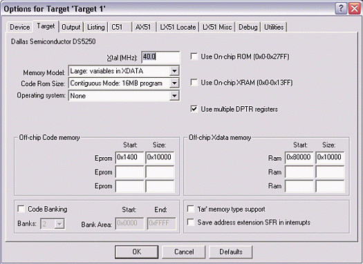 Figure 2. Target option settings for the DS5250.