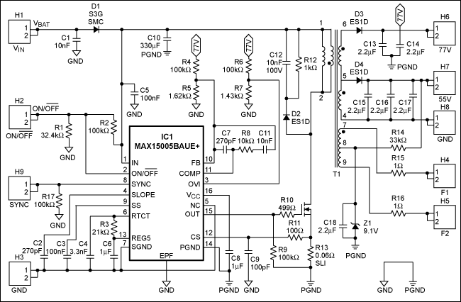 Figure 1. Schematic of the MAX15005B flyback converter for FSW= 22kHz.