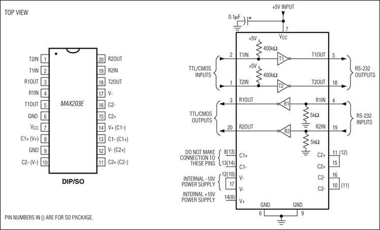 MAX202E、MAX203E、MAX205E、MAX206E、MAX207E、MAX208E、MAX211E、MAX213E、MAX232E、MAX241E：典型工作电路