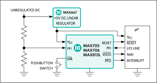 MAX705、MAX706、MAX707、MAX708、MAX813、MAX813L：典型工作电路