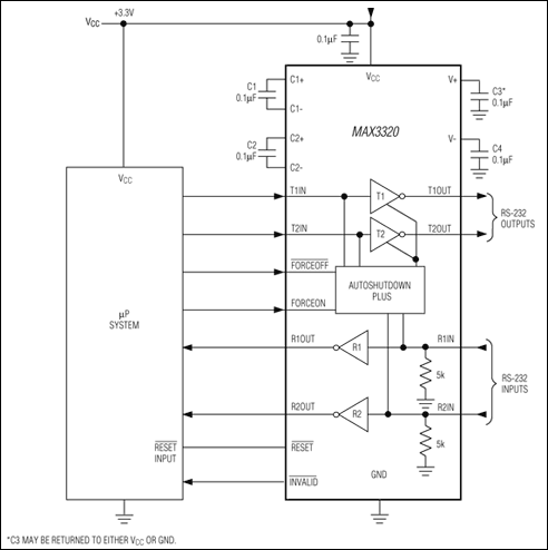 MAX3320A、MAX3320B、MAX3320L、MAX3320T：典型工作电路