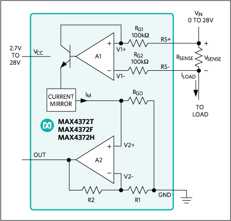 MAX4372、MAX4372F、MAX4372H、MAX4372T：典型工作电路