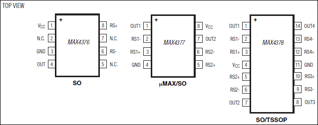 MAX4376、MAX4377、MAX4378：引脚配置